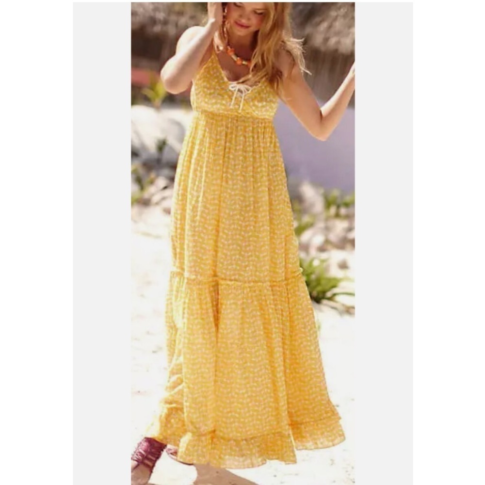 Anthropologie Porridge Yellow Lobster Print Tiered Maxi Dress Size Small